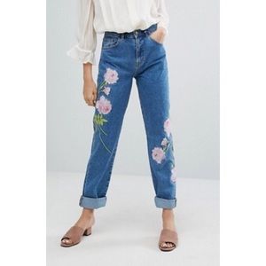 Embroidered floral mom jeans